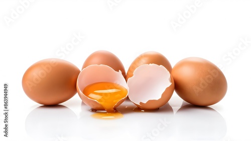 Four whole brown eggs and one cracked egg with yolk spilling out, on a white background.