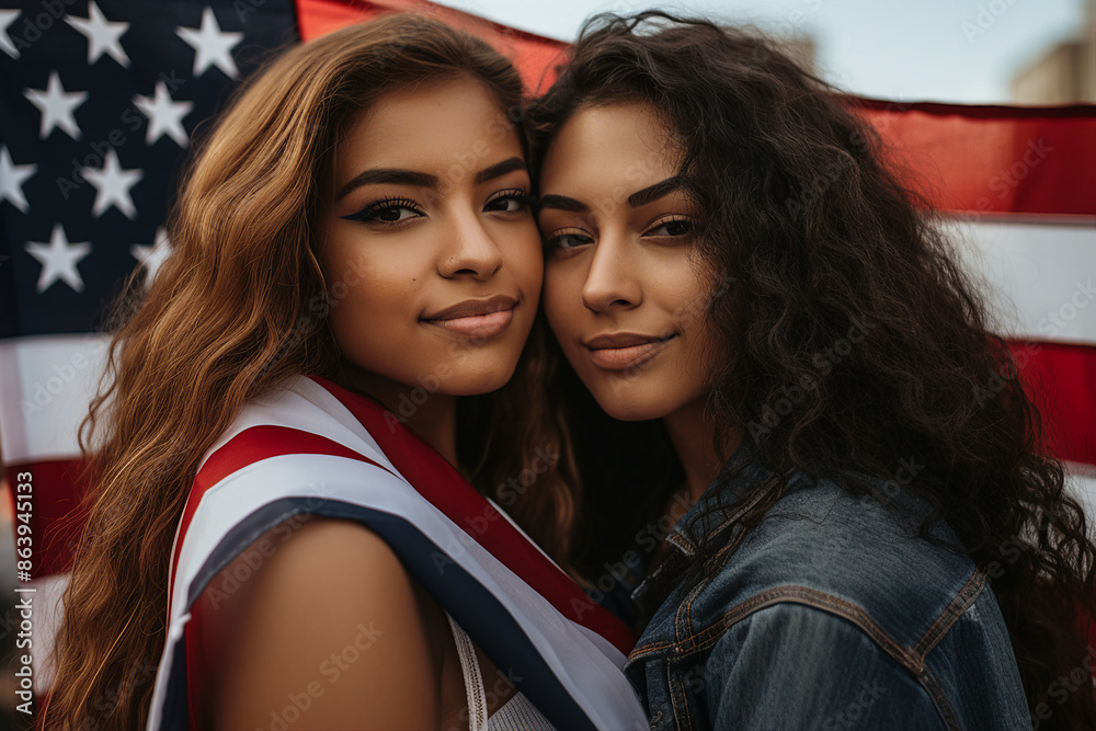 Generated AI portrait of beautiful girl in front of american flag festive crowd national women day Generated AI portrait of beautiful girl in front of american flag festive crowd national women day