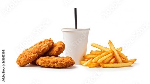 A fast food meal of crispy chicken fillets, french fries, and a white cup with a black straw on a white background.