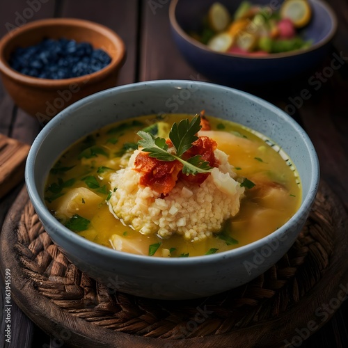 A delicious brazilian moqueca, with succulent meat slices and fresh vegetables swimming in a flavorful coconut-based sauce.