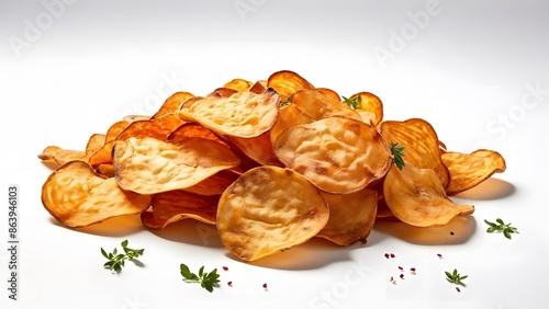 A pile of golden-brown sweet potato chips with fresh herbs sprinkled around, on a white background.