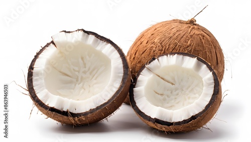 Two halves of a fresh coconut with white flesh, displayed on a clean white background.