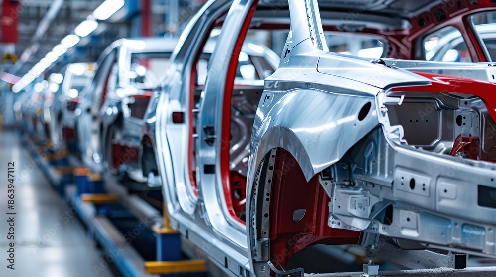 Fototapeta premium Close-up of an automotive assembly line with multiple car frames being processed. The image showcases the engineering and precision involved in modern car manufacturing.