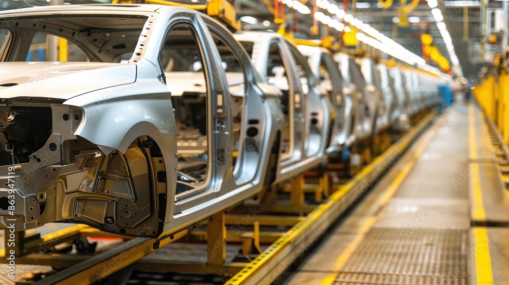 Close-up of an automotive assembly line with multiple car frames being processed. The image showcases the engineering and precision involved in modern car manufacturing.