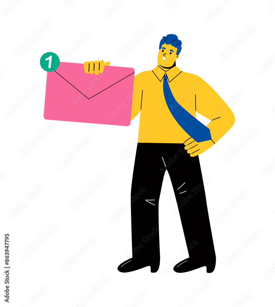 Business man standing and holding a large envelope. Flat vector illustration isolated on white background Business man standing and holding a large envelope. Flat vector illustration isolated on white background