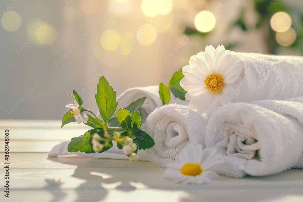 White towels elegantly rolled and adorned with a green leaf and flower, embodying serene spa aesthetics White towels elegantly rolled and adorned with a green leaf and flower, embodying serene spa aesthetics