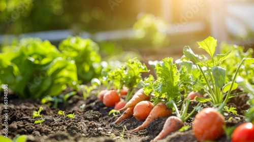 An organic vegetable garden in full bloom, with rows of carrots, lettuce, and tomatoes growing under the sun. A true symbol of nature's bounty.