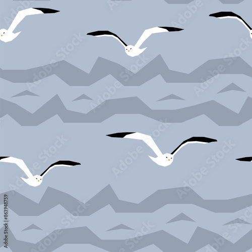 Vector seamless pattern with seagulls soaring over the sea in stormy weather