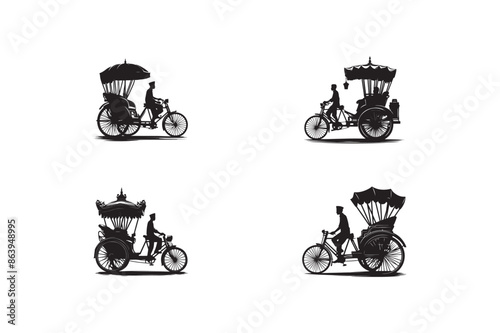 Set of rickshaw silhouette vector illustration.