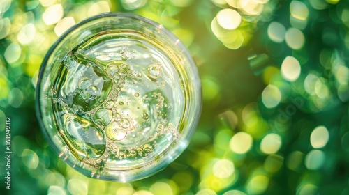 Glass reflections on green background with caustic light effect and sun reflection Texture of shadows and blurred water in top view trendy concept photo