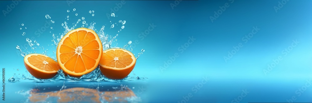 Fresh oranges splashing in water against dark background. Refreshing blend of orange slices soaring through the air against a backdrop of splashing water on a vibrant blue background. Banner Fresh oranges splashing in water against dark background. Refreshing blend of orange slices soaring through the air against a backdrop of splashing water on a vibrant blue background. Banner