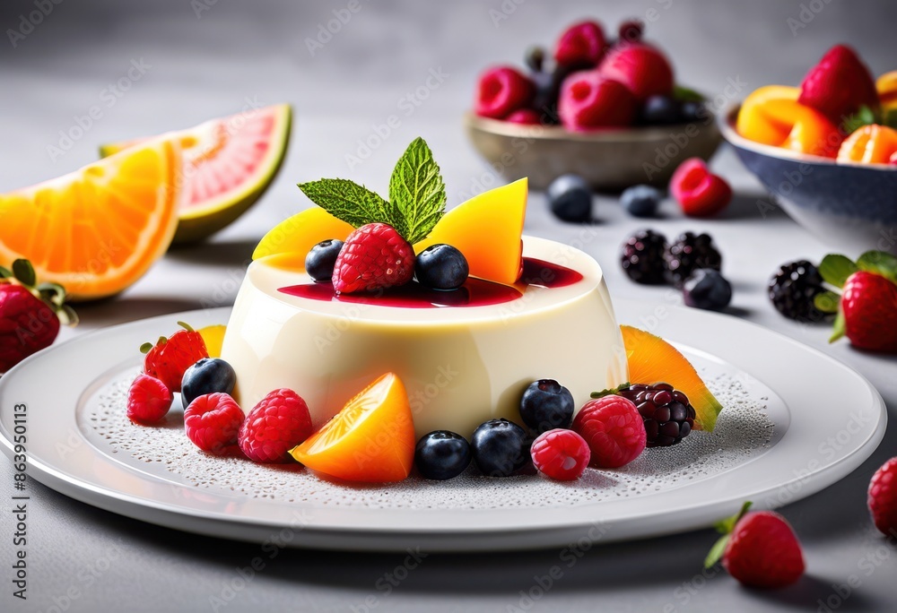 creamy panna cotta fresh fruit garnish elegant plate, delicious, dessert, sweet, smooth, vanilla, art, colorful, creation, presentation, refreshing creamy panna cotta fresh fruit garnish elegant plate, delicious, dessert, sweet, smooth, vanilla, art, colorful, creation, presentation, refreshing