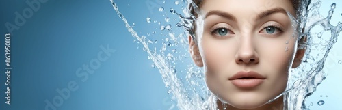 Pretty young woman with clean skin and splash of water. Close up of a female face with water splashes. Beauty treatment bathroom concept with copy space. Blue background. Panorama 