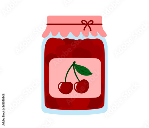 Cherry berry jam. Glass jar of preserved berry jam, berry confiture in bottle. Flat Vector illustration isolated on white background