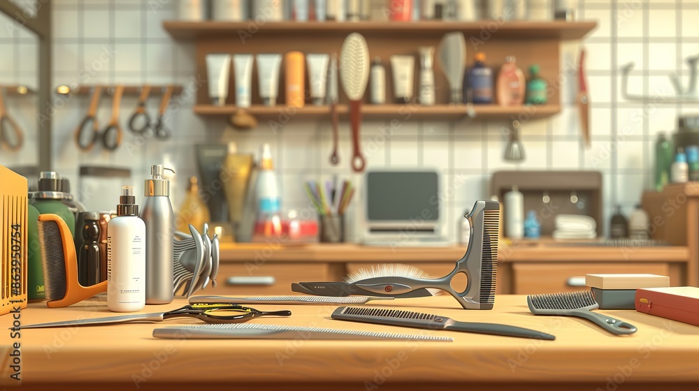 Tools for cutting and styling hair, such as combs and scissors, are shown on a table in this realistic vector artwork. Tools for cutting and styling hair, such as combs and scissors, are shown on a table in this realistic vector artwork.