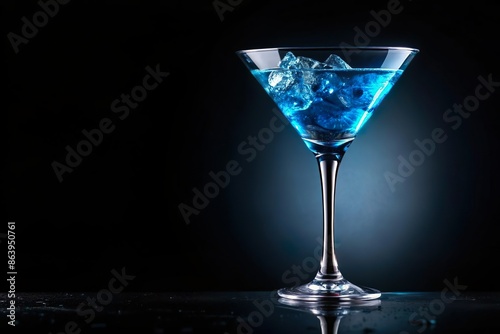 blue martini cocktail liquor glass on black background
