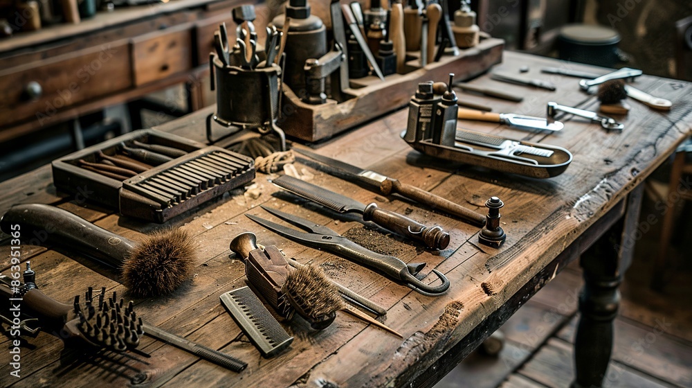 Old barber shop tools displayed on a wooden table Old barber shop tools displayed on a wooden table