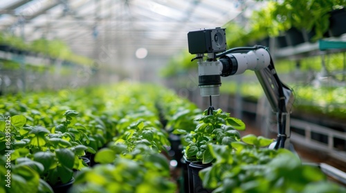 An automated robot with a camera operates in a greenhouse, tending to rows of green plants, illustrating modern farming methods.
 photo