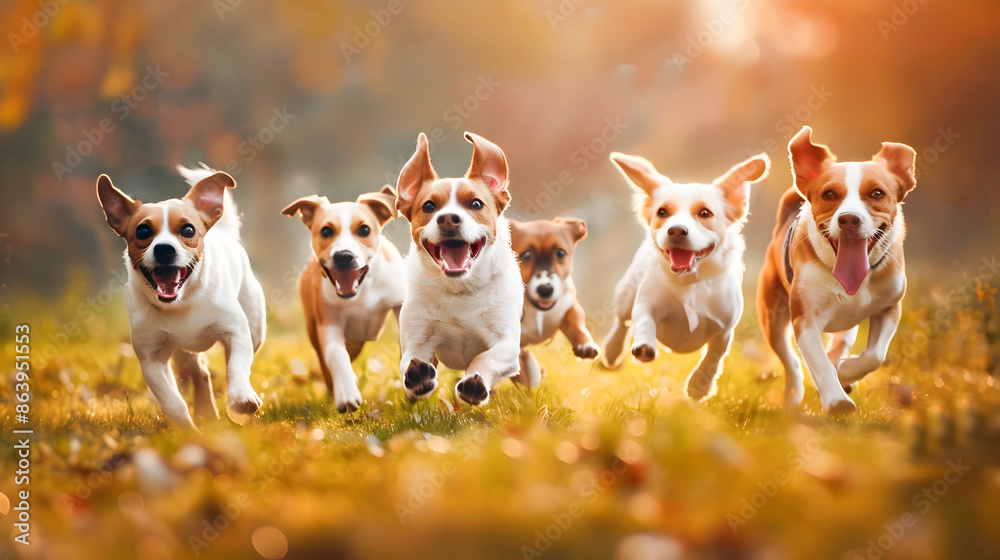A group of adorable energetic puppies happily running and jumping together in a sunny blurred field The dogs are full of life and joy as they frolic and play A group of adorable energetic puppies happily running and jumping together in a sunny blurred field The dogs are full of life and joy as they frolic and play