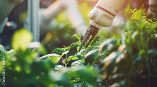 A pair of robotic arms operates in a greenhouse, maintaining green plants, highlighting agricultural automation.
 photo