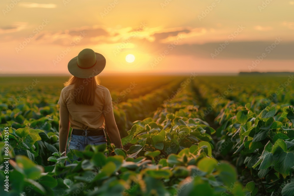 Caucasian female farm worker inspecting soy field in Ukraine.