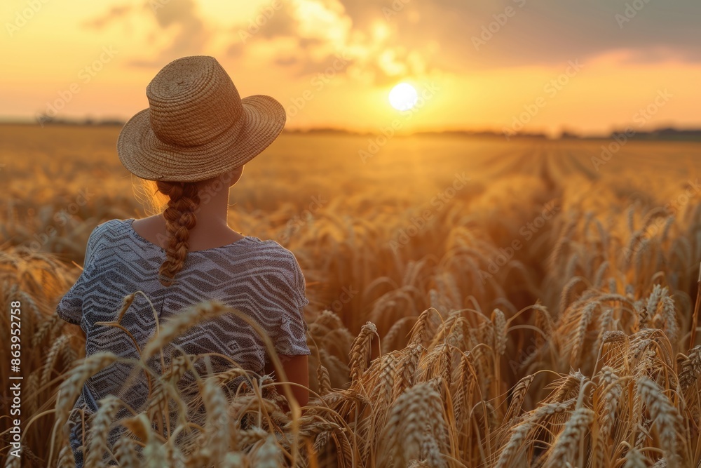 Fototapeta premium Farmer and agronomist in wheat field at sunset.
