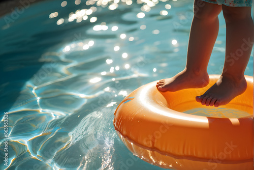 Conceptual image of a child's small feet in mid air over an inflatable paddling pool on a hot day photo