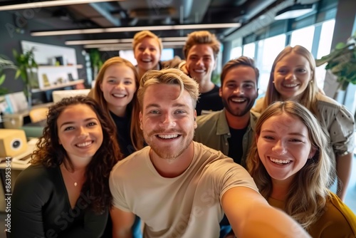 Multicultural happy people taking group selfie portrait in the office, diverse people celebrating together, Happy teamwork and lifestyle concept