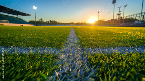 Soccer Field with Goalposts and Stadium Lights at Sunset