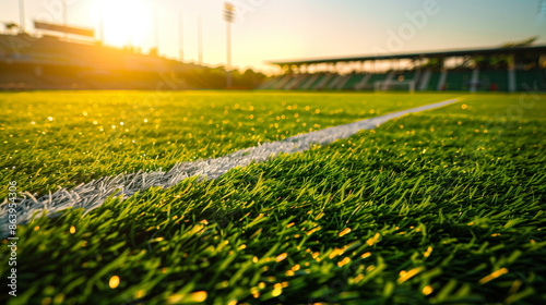 Soccer Field with Goalposts and Stadium Lights at Sunset