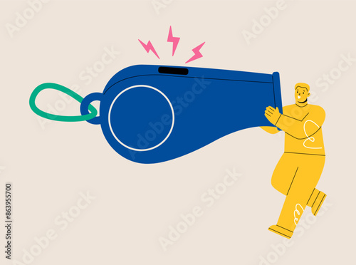 Man blowing the whistle out. Communication concept. Flat vector illustration isolated on white background