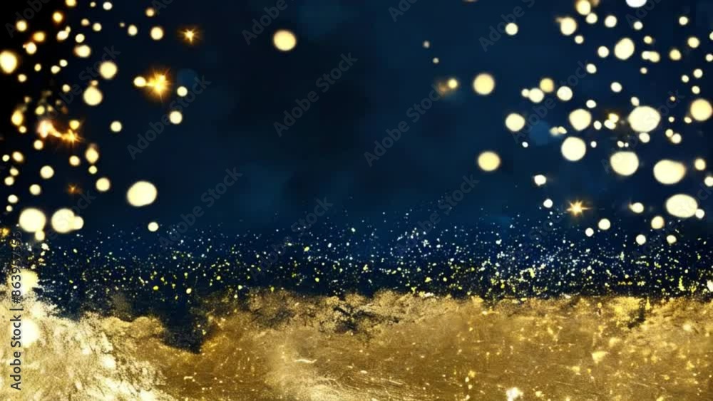 Christmas background with golden snowflakes and stars, gold shiny particle lights falling on a golden floor on blue background, lens blur camera bokeh effect for writings Generative AI