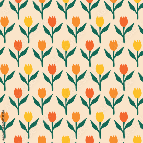 Tulip flowers in flat style hand drawn vector illustration. Colorful floral ornament seamless pattern for kids fabric or wallpaper.