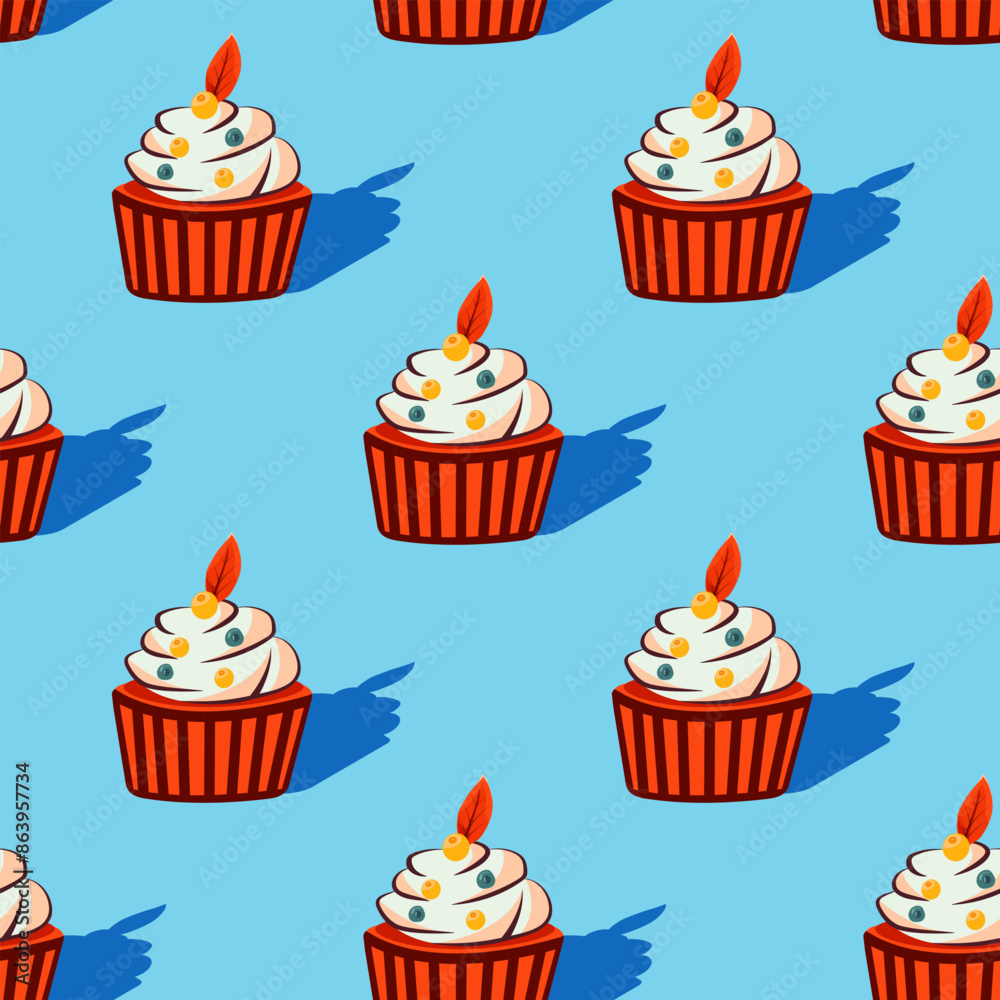 Berry cupcake pattern with shadow, vector Berry cupcake pattern with shadow, vector