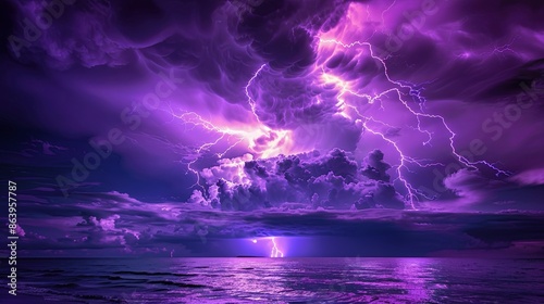 a purple sky with lightning coming out of it, a large group of lightning flashes over the ocean