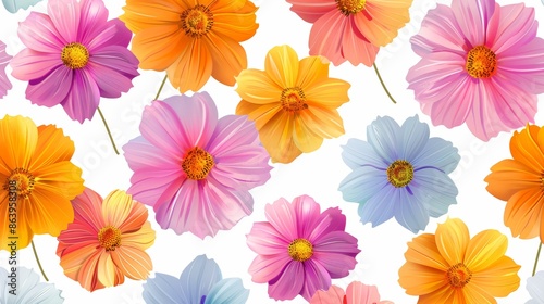 Seamless pattern of colorful cosmos flowers on a white background.