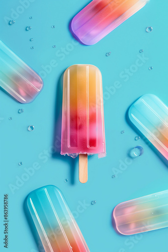 Creative summer scene with ice creams on sticks on a pastel blue color background.