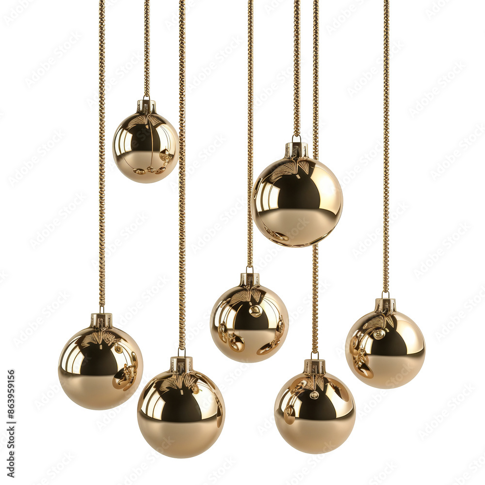 Gold Christmas ornaments hanging from strings, isolated on white background, perfect for holiday decoration themes.