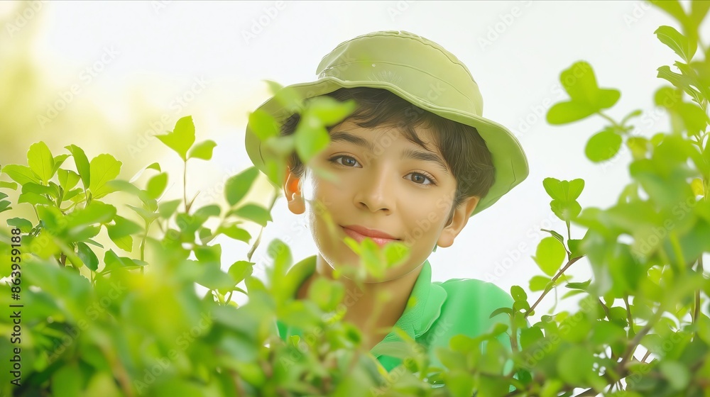 A boy in a green hat peeking out from behind some green leaves. A boy in a green hat peeking out from behind some green leaves.