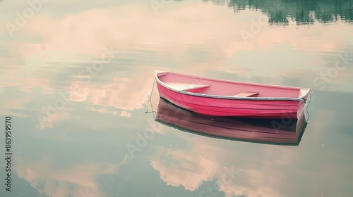 A little pink boat floats on the still waters of a lake. photo