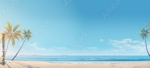 Illustration d'un paysage d'une plage paradisiaque. Sable fin, eau turquoise et ciel bleu. Palmier et planche de surf. Vacances, été, soleil, voyage. Pour conception et création graphique. 