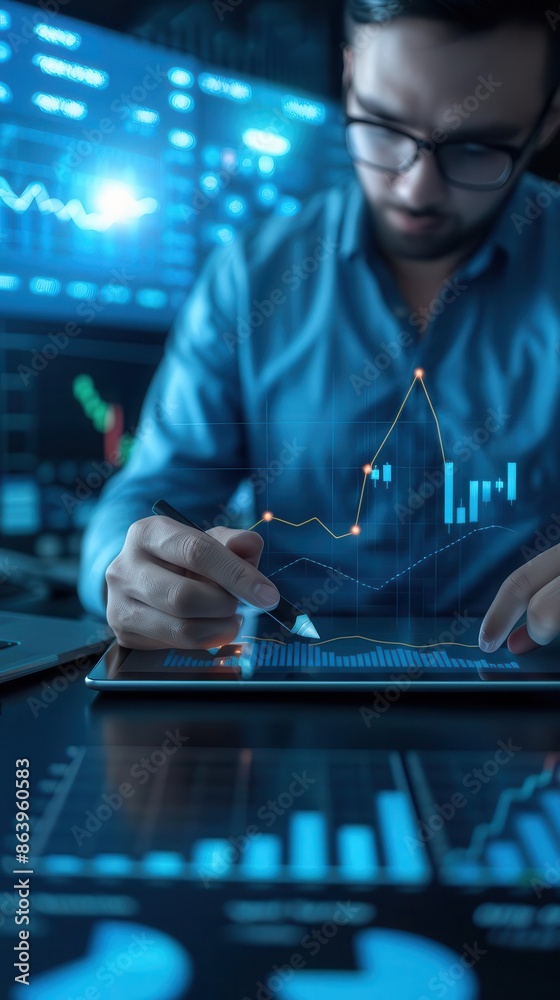 Businessman analyzing oil price graphs on a tablet, oil market analysis, economic growth Businessman analyzing oil price graphs on a tablet, oil market analysis, economic growth