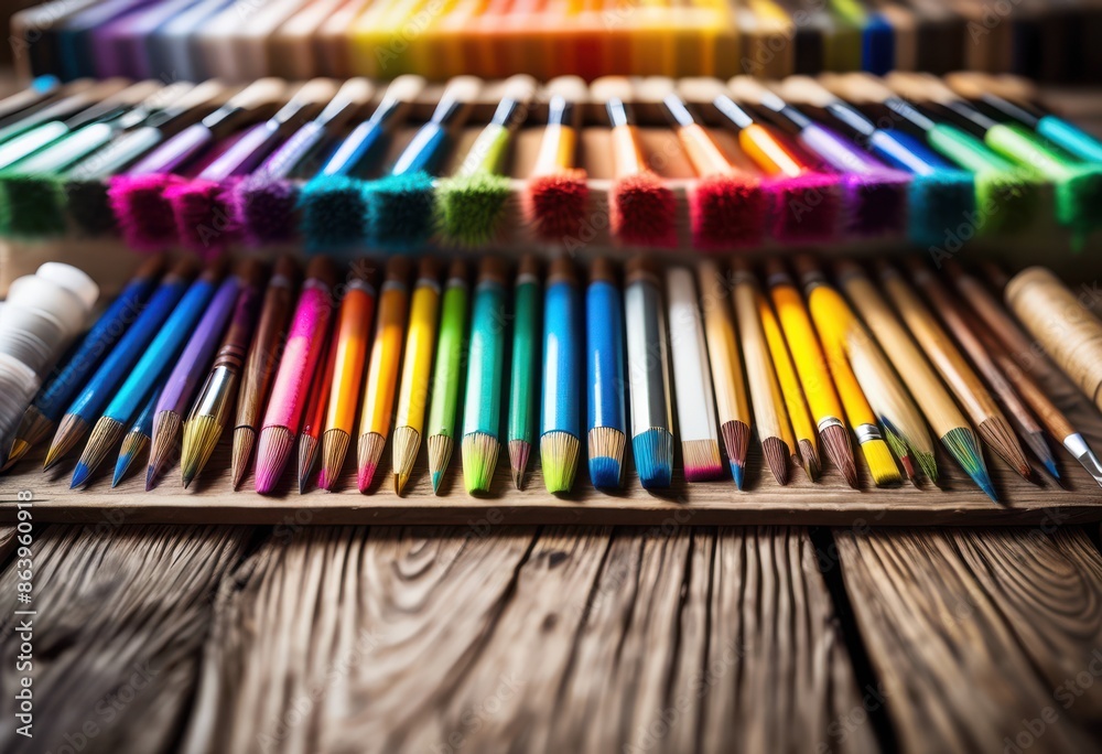 colorful art supplies arranged neatly row creativity inspiration artistic projects, paint, vibrant, pencils, brushes, markers, palette, organized, utensils, drawing colorful art supplies arranged neatly row creativity inspiration artistic projects, paint, vibrant, pencils, brushes, markers, palette, organized, utensils, drawing