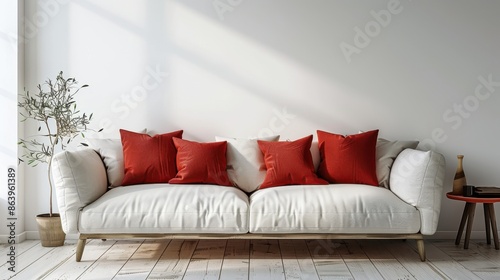 Sofa in spacious room against blank white wall with copy space.