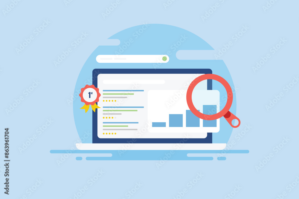 Search engine algorithm determines website ranking relevant to user keyword query and content optimization, SEO vector illustration. Search engine algorithm determines website ranking relevant to user keyword query and content optimization, SEO vector illustration.
