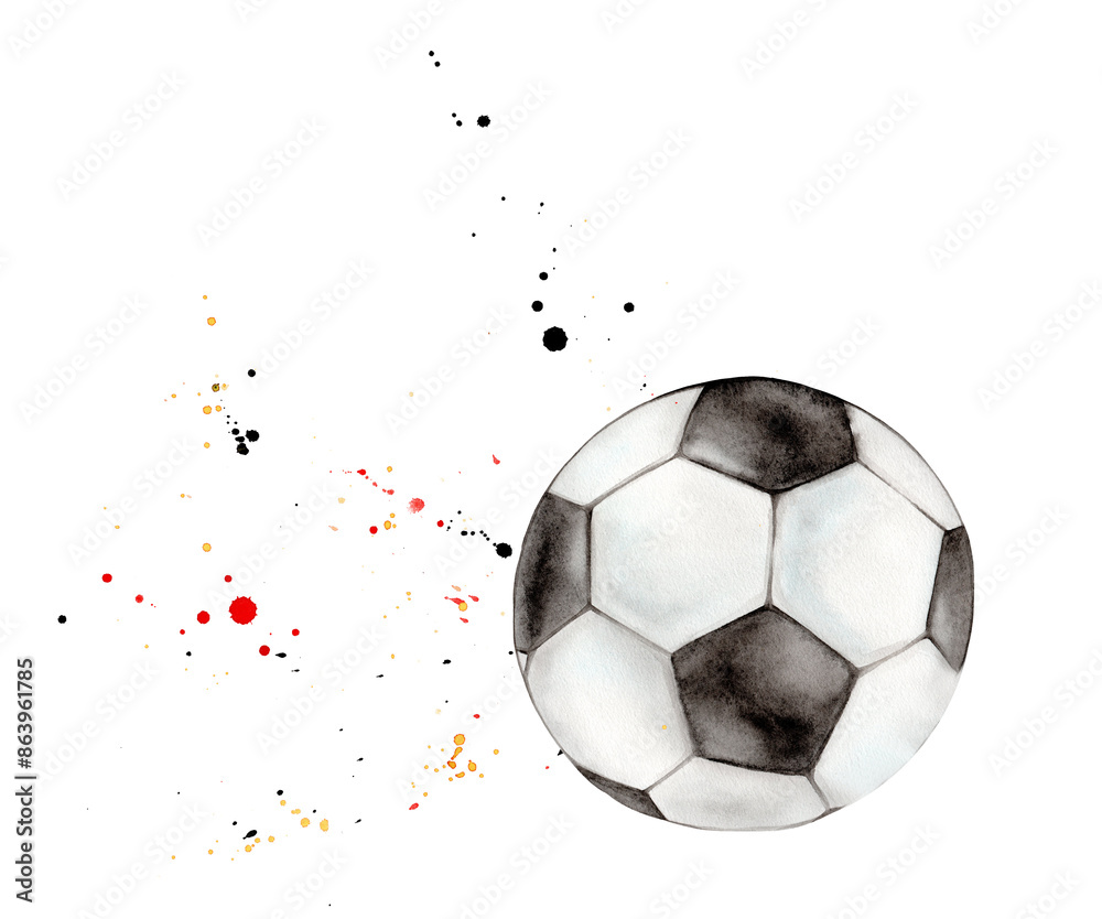 Fototapeta premium Soccer or football ball and red black yellow watercolor shapes spray. Hand drawn isolated illustration. Sports equipment. For football club, sporting goods stores, poster and postcard design.
