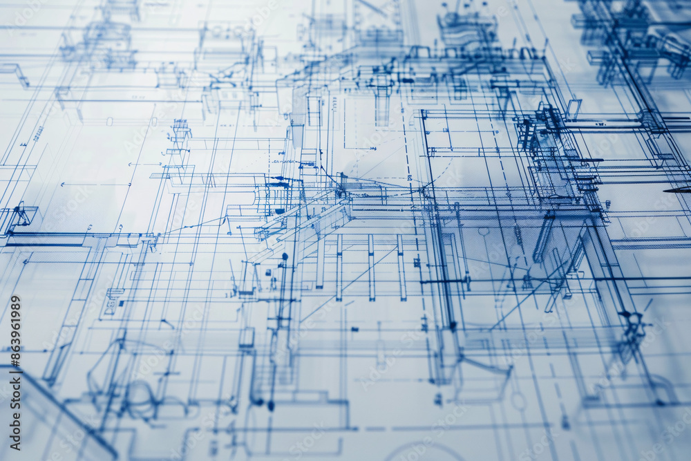 Detailed technical blueprint with intricate lines and shapes in shades of blue Detailed technical blueprint with intricate lines and shapes in shades of blue