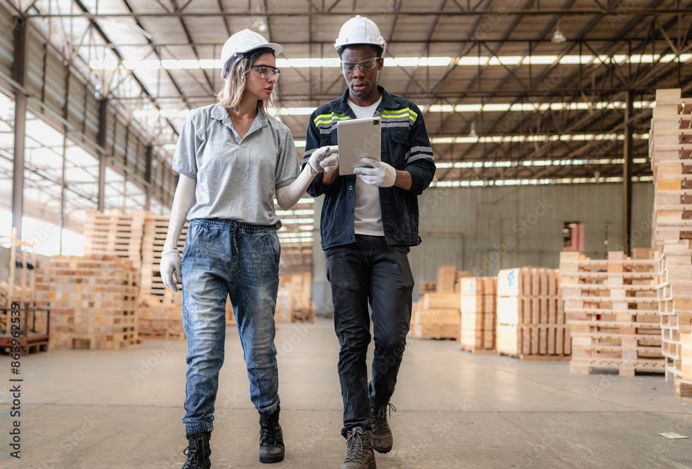 Diverse ethnic workers standing in warehouse examining hardwood material for wood furniture production. Engineer team wear safety hardhat working in lumber pallet factory. Diversity people check stock