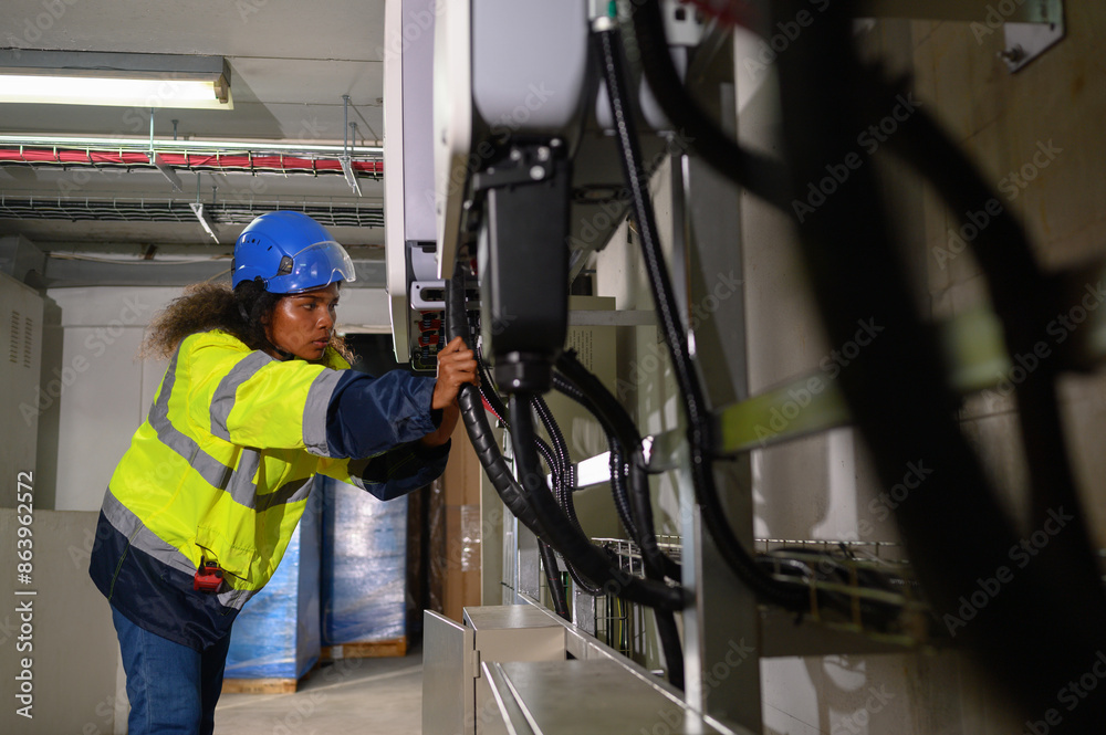 female technician Check the solar inverter panels in the electrical room. Service engineer installs solar cells on factory roofs Clean energy and renewable energy concepts female technician Check the solar inverter panels in the electrical room. Service engineer installs solar cells on factory roofs Clean energy and renewable energy concepts