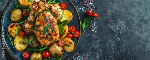 Roasted baked chicken with potatoes and herbs on a dark plate, an appetizing and rustic gourmet meal. Free copy space for banner.